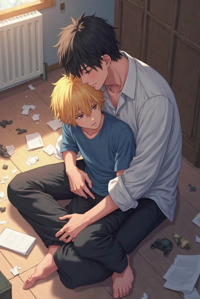 Tall Russian man short blonde hair blue eyes with lustful look angry psycho abusing another man fainted scared without clothes scared black hair with closed eyes light skin in nightwear in a basement with blood boys love gay 