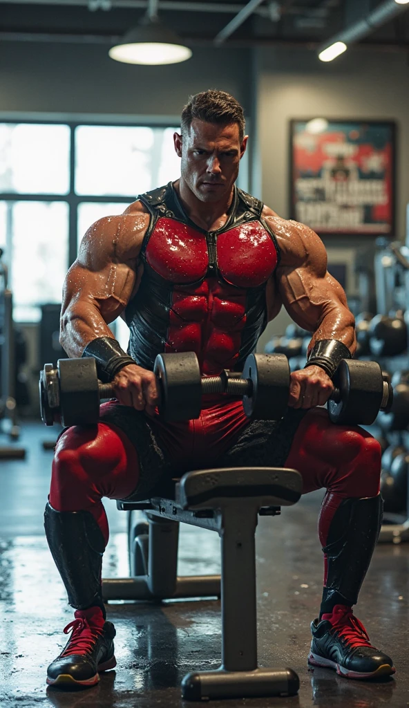 Muscular handsome black hair white man in pink singlet with white lines and sports tights with big pecs big legs and big bulge posing in a white gym with pink dumbbells