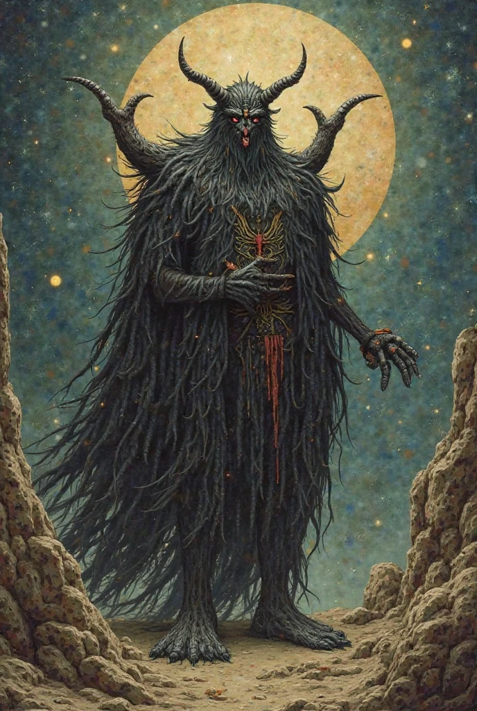 The suicide looks up into the night sky and sees Baphomet, Baphomet pulls his right hand to the suicide, the suicide's communication with Baphomet, Occult symbols, Baphomet's left arm reaches back, All against the background of singularity and infinity
