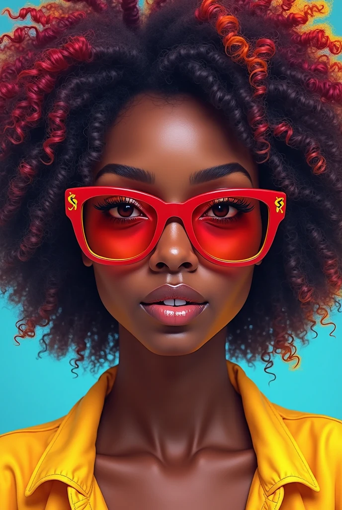 tall woman, black, voluminous brown hair, eyebrow piercing, neon green triangular glasses, fleshy lips