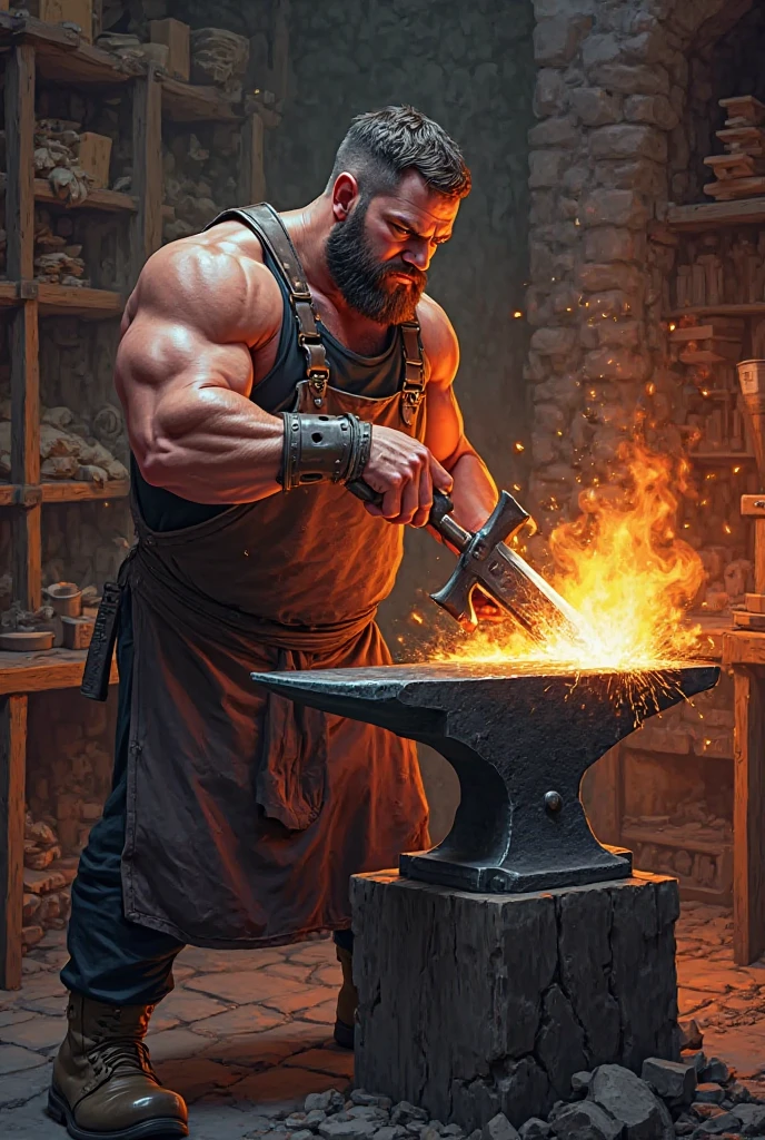 sexyblacksmith, gloves, naked apron, goggles, holding hammer, fire, anvil, spark, photo of a man forging a sword, realistic, masterpiece, intricate details, detailed background, depth of field,  asas de anjo  homem bonito com asas de anjos e plumas. Penis volumoso 