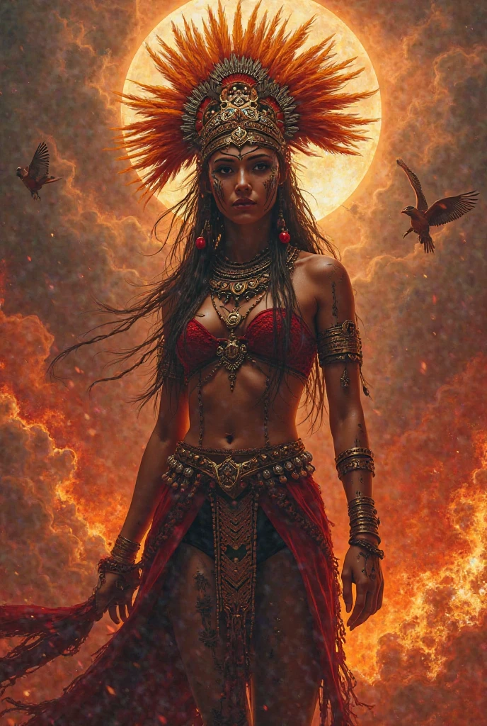 (Masterpiece.UHD.full. Body shot)beautiful detailed eyes, beautiful detailed lips, extremely detailed eyes and face, long eyelashes, gorgeous Aztec priestess, 23 years old, full body shot, bloody ritual, dark atmosphere, black storm clouds, cinematic lighting, dramatic contrast, vibrant colors, oil painting, intricate details, chiaroscuro, hyper realistic, museum quality.aztec pyramid.