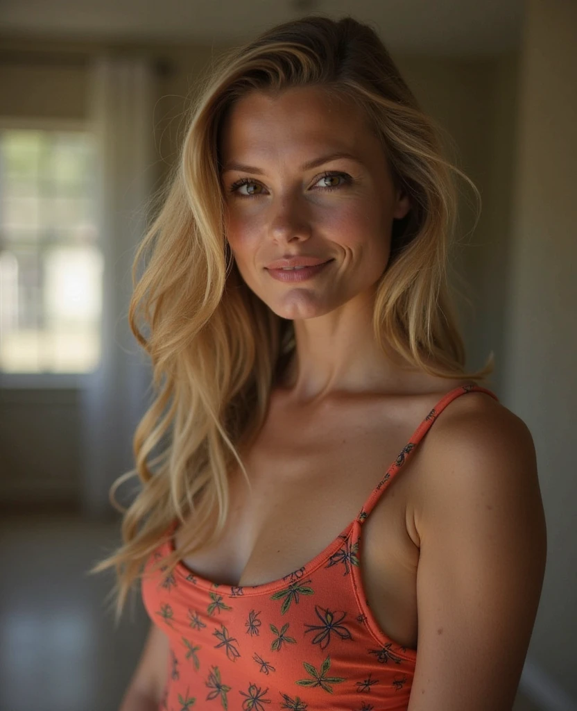 a full portrait of a beautiful bionde幾乎半裸 in red tank top,, In the profile, Smile, on she's bedroom,holding a colorful mug. Her hair is brown and curly., Light blue eyes, She has some wrinkles on her face, Large bust, plump, Large Breasts, bionde, Beautiful Body, with a Large Breasts, 一位美丽的bionde, SFW Big , A blonde Danish woman with big breasts, bionde goddess, Full breasts, , Her breasts, 40-year-old female, bionde, cleveage, ChestVery large, Large Breasts!, straight blonde hair, About 3 to 5 years old, Gillian Jacobs, Her tanned skin is dotted with a row of exquisite freckles, Lightly sprinkled on her cheeks and nose bridge, Adding a cute and unique charm to her face. soft, Elegant wrinkles surround her eyes and mouth, Gentle lines tell stories of a life full of laughter, wisdom, And experienced. These subtle signs of aging enhance her beauty, With her radiant glow、Eternal charm blends perfectly, Makes her face both charming and expressive, Reality, detailed, high resolution, Huge breasts, Thick chest, Her shirt is about to burst，Because Her breasts are too big, Her breasts are magnificent, Her breastsVery large, She is magnificent，Very large