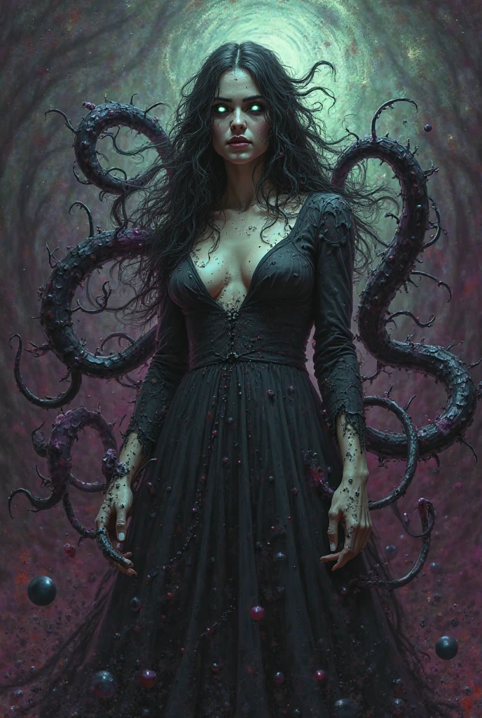 portrait of femme_fatale, long_hair, realism, (best quality,4k,8k,highres,masterpiece:1.2),ultra-detailed,(realistic,photorealistic,photo-realistic:1.37),intricate details, dramatic lighting, chiaroscuro, cinematic composition, elegant, mysterious, alluring, captivating gaze, flawless skin, seductive pose, lush background,