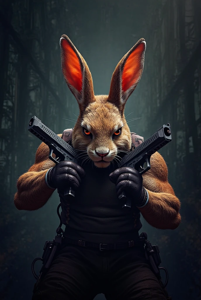 A psychopathic rabbit, smoking a joint, com uma glock, sunglasses, black military vest with a patch that says tame rabbit in Portuguese Freefire style