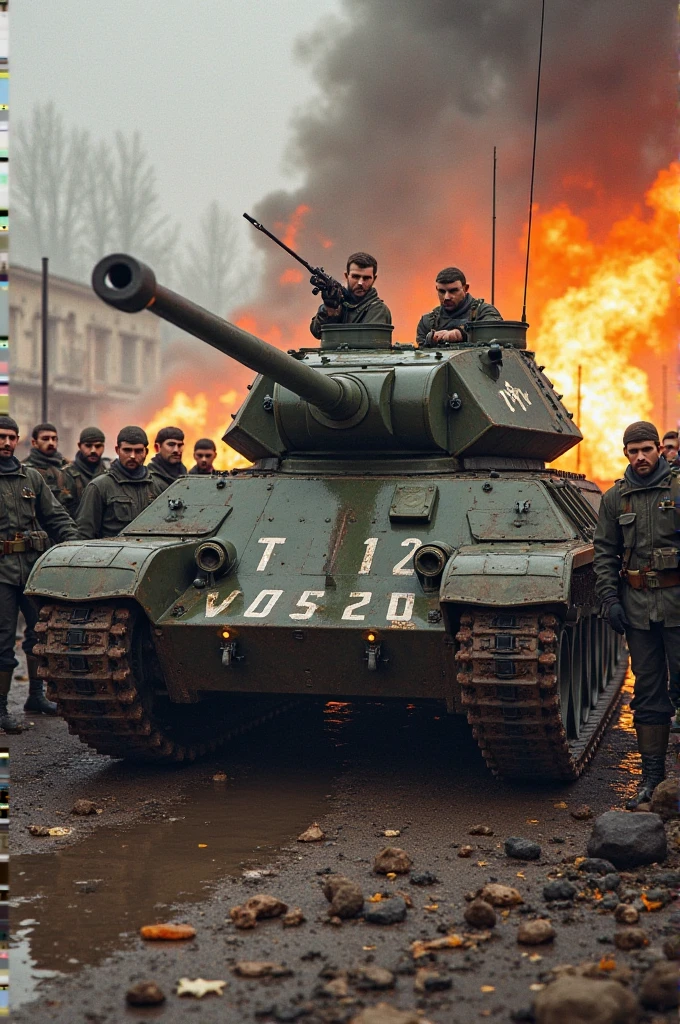 Cute boy soldiers in uniform  and  sunglasses  steering,  helmet , tank and dark fire  background 