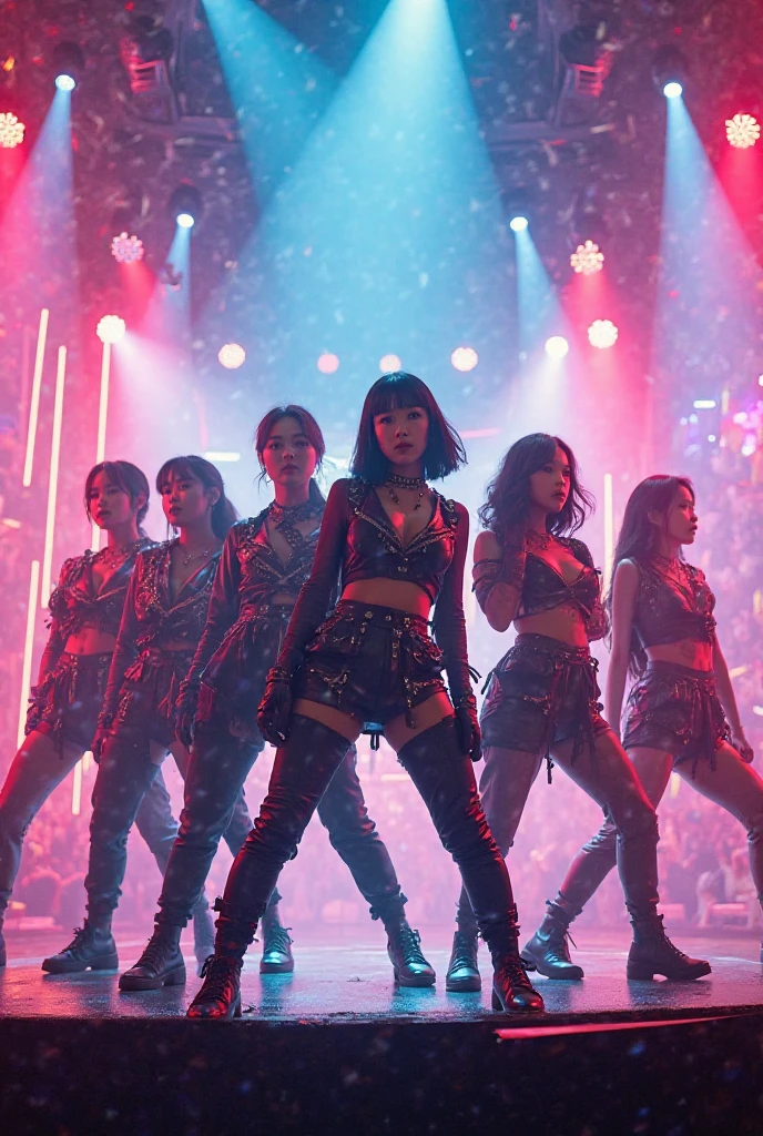 
   - **Setting:** A stylish rooftop with neon lights.
   - **Action:** The members are seen arriving individually, showcasing their unique styles. They greet each other with excitement, and as they come together, the beat drops for the chorus. 
   - **Dancers:** Female backup dancers join in for the first choreography sequence, featuring synchronized dance moves with fierce expressions. Kpop girl group south koera members  music video  siren  scene  in south  korea 
