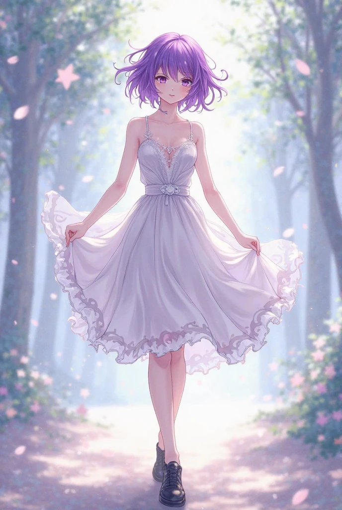masterpiece, Highest quality, Highly detailed 8K wallpapers, One girl, Outdoor, Helena(Azur Lane),strapless dress, dress, layered dress,White flower, hair ornaments, Purple eyes, (choker), overview, (Black gloves), barefoot,