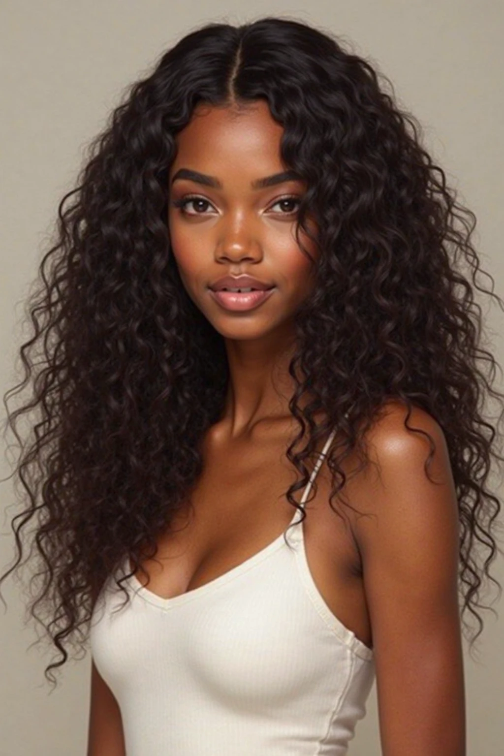 masterpiece, best quality, 1 girl, solo, beautiful African and Asian mixed 19 year old, brown skin female, long, frizzy, curly dark hair, perfect face, long hair