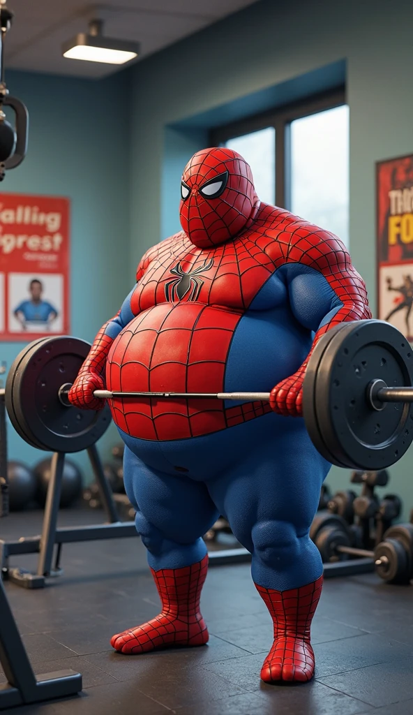 Over Weight"Spider-Man, in his full uniform, lifts a large dumbbell at the gym."