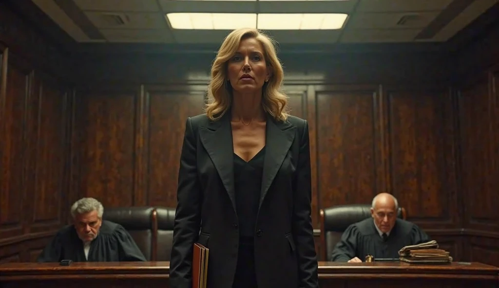A cute woman (age 40, perm in hair, formal jacket, mini skirt, high heels, little make up, cleavage small but over exposed, folder, cell phone) is questioning a witness in a court room