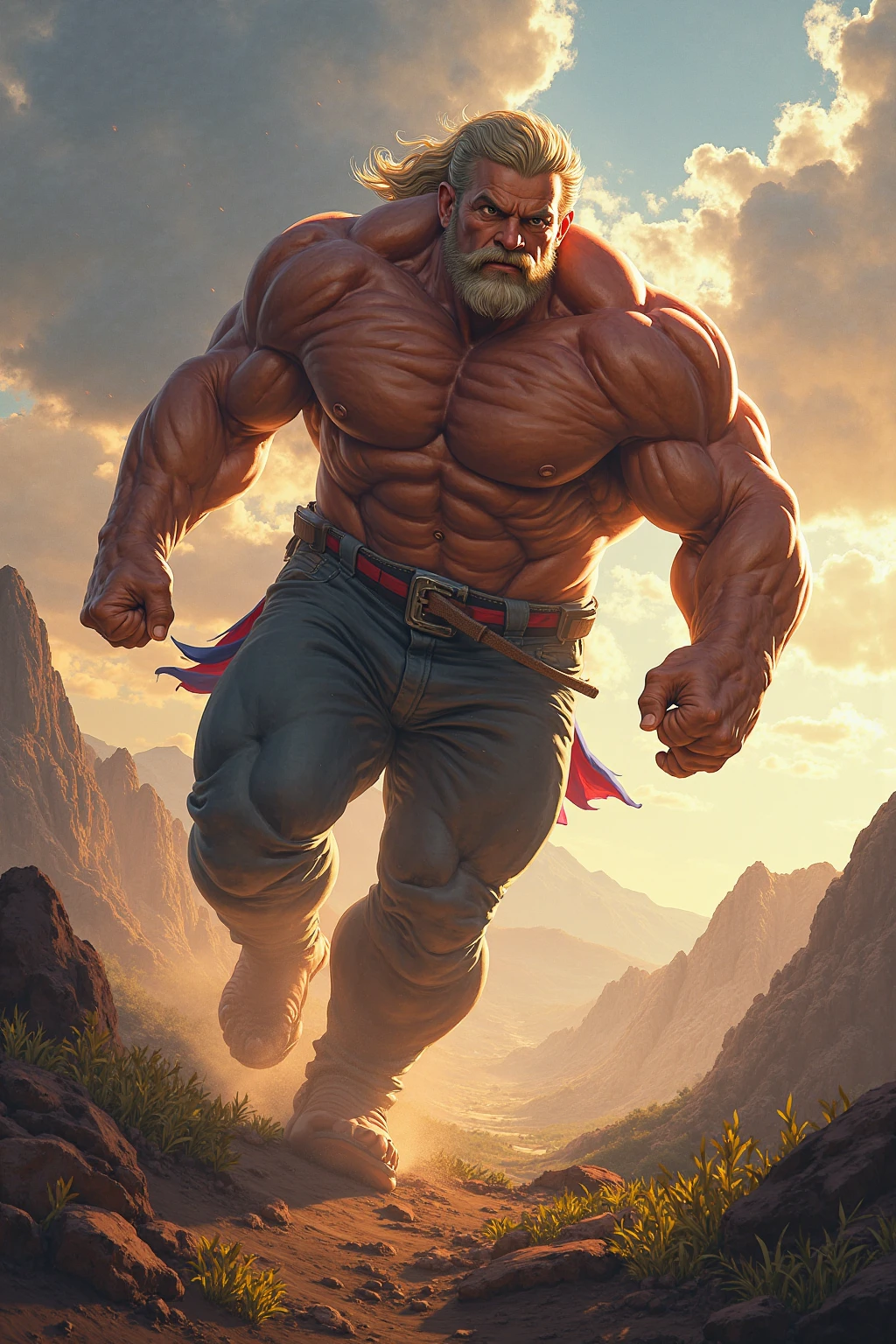 a close up of a man with horned head and blue shorts, muscular, scary muscular lion, super giant muscle, with muscular arms, wide shoulders, giant toned physique, big muscle veins bursting, (incredibly detailed, beautiful detailed face, Work of art, better quality) lifting a building that is falling, in the center of a city like a giant bigger than the building, muscles, facial hair, volumetric lighting, depth of field, wheezing, raised crotch, beautiful action, big dynamo