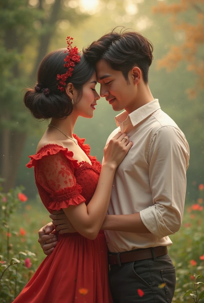 a pregnant woman in a red dress sitting next to a man in a white shirt, lovely couple, photoshoot, portrait shot, ao dai, romantic couple, wearing red attire, 🤬 🤮 💕 🎀, wearing red clothes, couple, wearing a red cheongsam, cute woman, fanart, couple pose, traditional art, attractive girl, hoang long ly