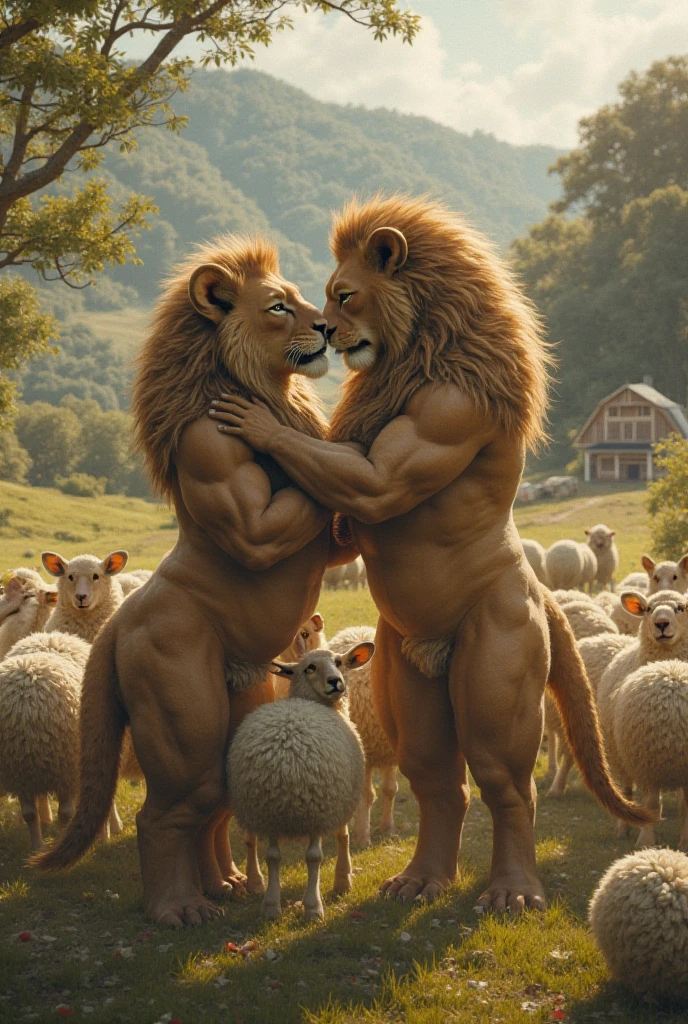 A female lion, long brown curvy hair, blue eyes, busty, naked, fully naked, no clothes, nudity, long tail. Hugging, kissing and having sex with her male lion husband, brown hairy mane, muscular, naked, no clothes, round butt, tail, hd 8k