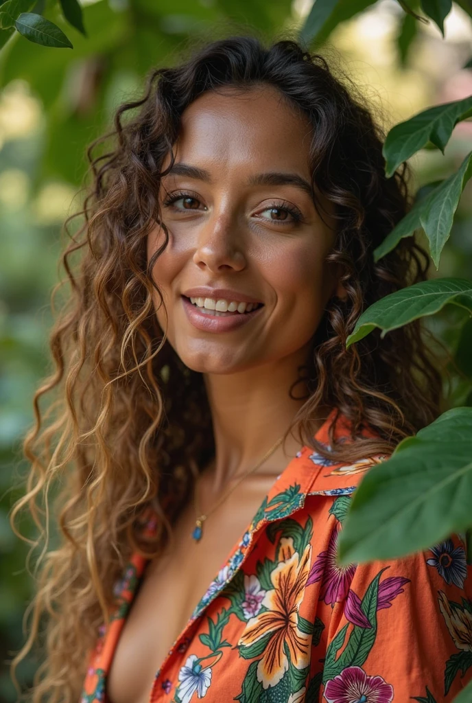 A Brazilian woman in a lush tropical garden, wearing an open shirt with a floral print, with a close-up capturing the harmonious beauty between her breasts and the natural flowers, showing off your natural charm and outgoing personality. new