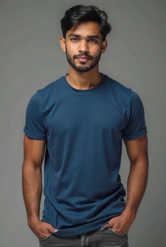 A base model of a handsome indian man , looking at the camera, sad expression, window, t shirt