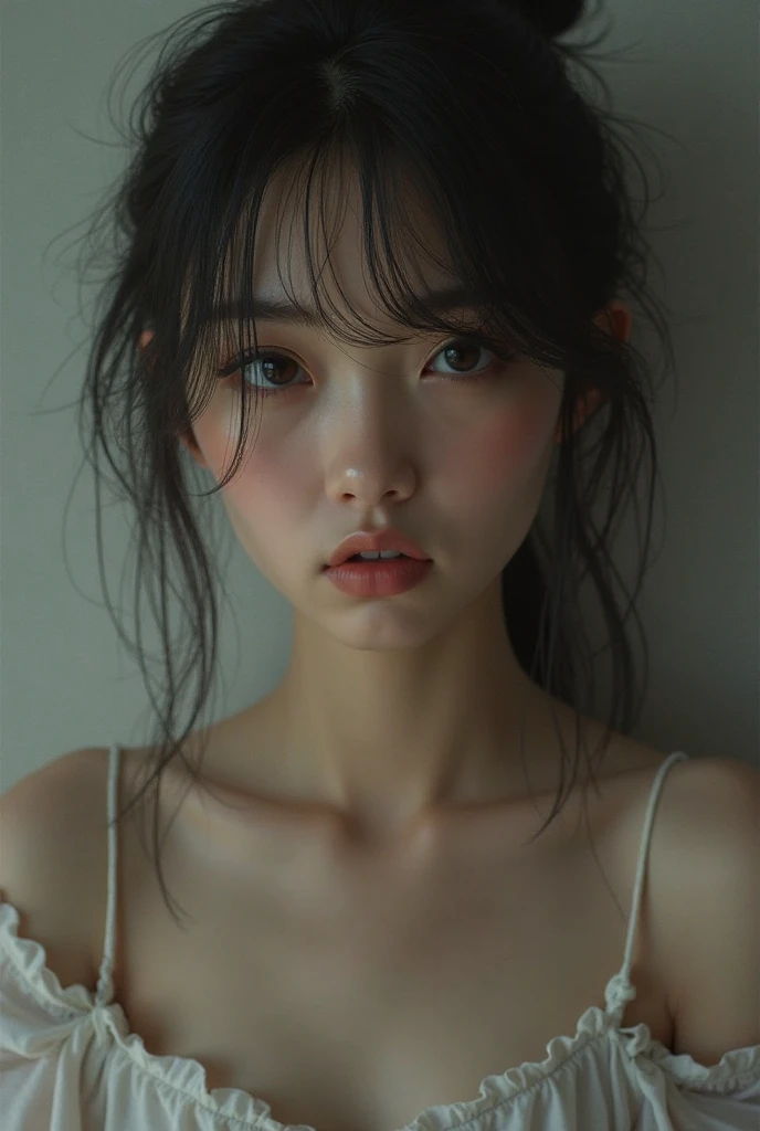 ((my face is very sad)), ((Straddling)), "black Lingerie dress" ((Bob Hairstyle)), (Malaysia female), age , 8K, photottorialism, show big thigh.