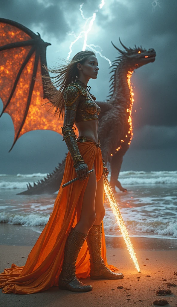 a Goddess like woman posing between two large dragons,medieval,stormy sky