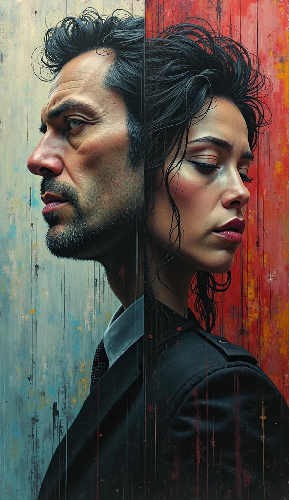 Oil painting, Blue and green colors, woman and Man sitting and looking ground, darkness, sadness, faded, spilled, dark, artistic, 