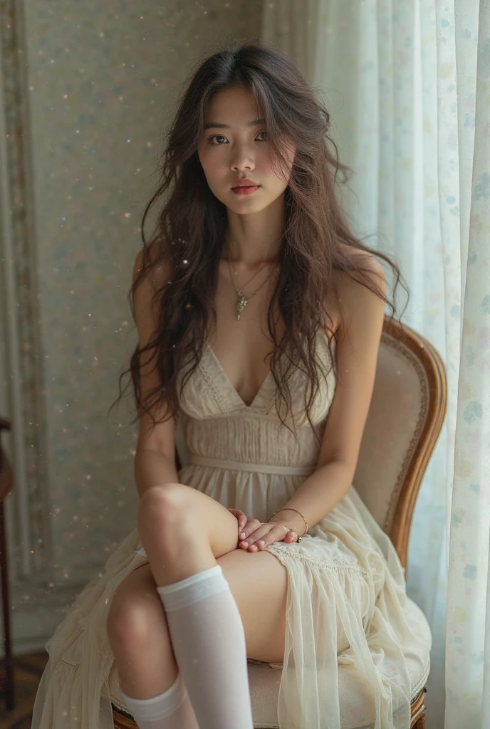 (Photorealistic),(Masterpiece),(ultra-detailed),a very pretty 20 year old girl who has not eaten for 10 years, extremely thin and frail, arm and legs extremely thin as a stick with no fat, smiling faintly, feeling but enduring extreme hunger, wearing a long and loose silky white dress, long hair,big eyes, extremely small face,have almost no fat,extremely weak,whole body,extremely feeble,sitting,legs extremely thin as arms,have almost no energy because she is starving, struggling to sit up,almost starving to death