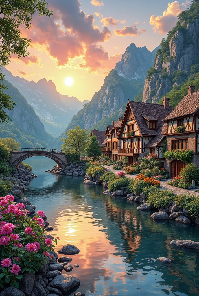 A small riverside village, mountains in the background, colorful ...