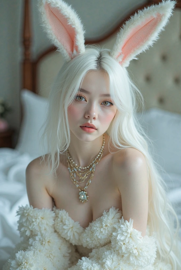 White bunny, ((handcuffed on the bed)), fluffy stuffed animals, ethereal, sexy face, tear in her eyes, long white hair, bunny fluffy outfit, short white dress, model, cute face, sweat, 8k hyperrealist, (very detailed face), (selfie point of view), bunny outfit, unexposed, girl