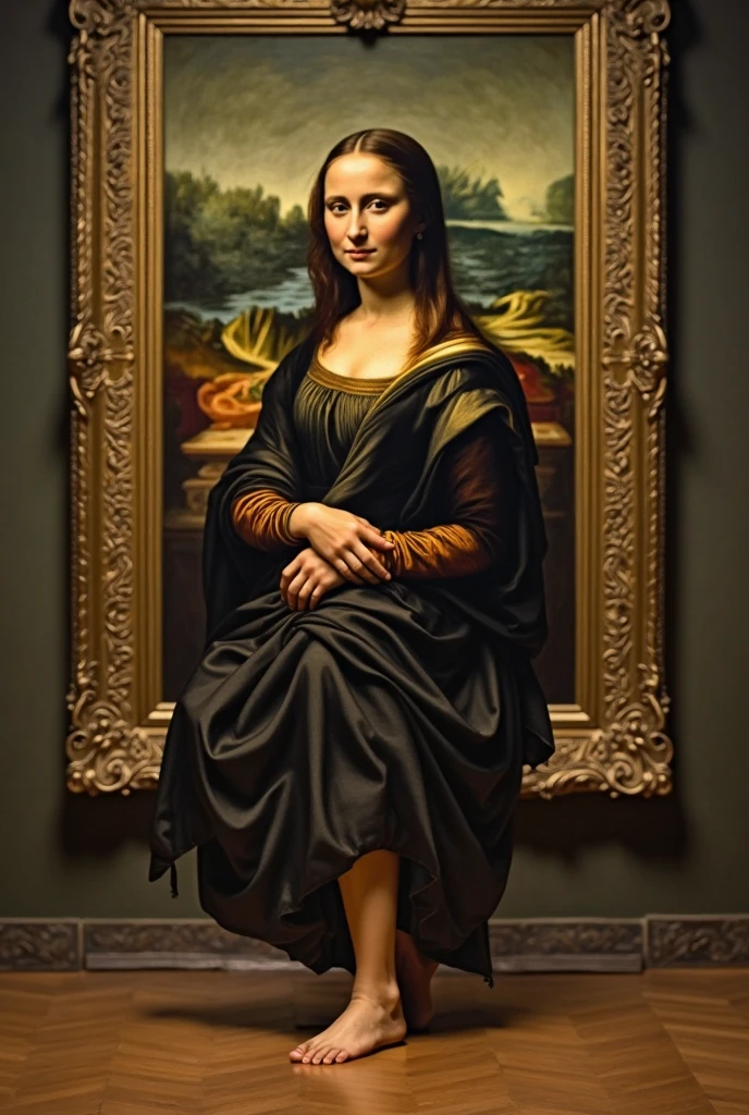 Mona Lisa and an off-the-top man walking, gentle expression, full body portrait, barefoot, light streaks falling from the sky, masterpiece, highest quality, high quality, highly detailed CG unit 8k wallpaper, award winning photo, bokeh, depth of field, HDR, flood, chromatic aberration, realistic, very detailed, art station trend, CGsociety trend, complex, high detail, dramatic, midway art, volumetric lighting