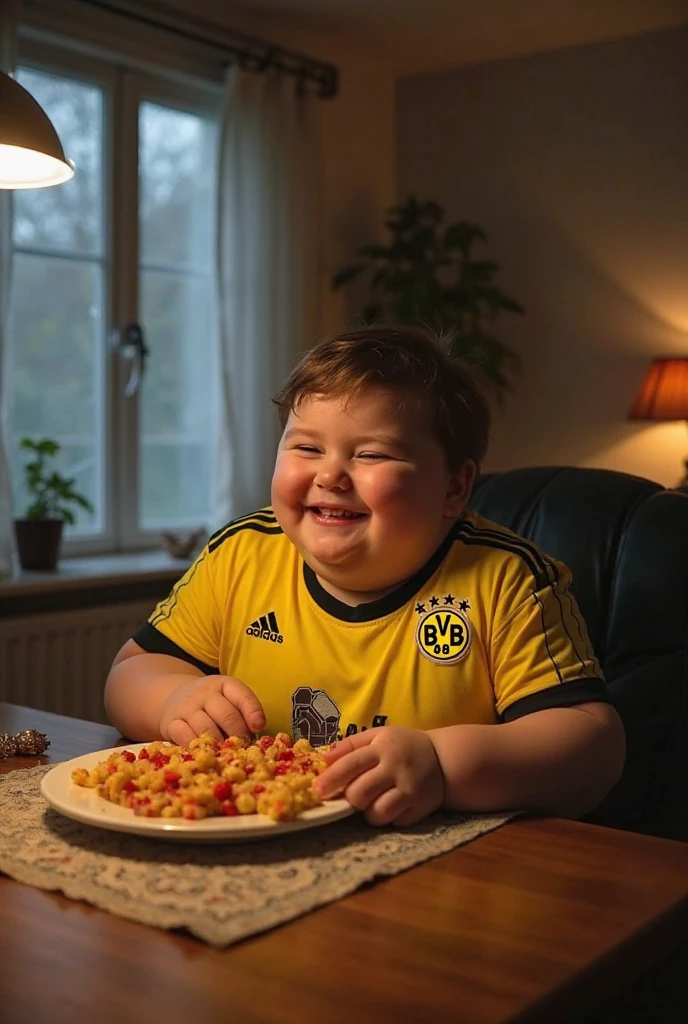 A slightly chubby boy with glasses putting food in his taper