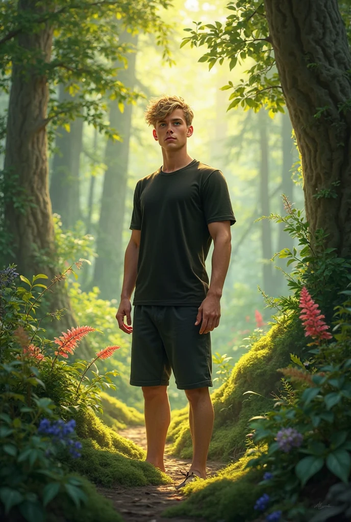 Certainly! Here's a reimagined scene with a different setting: --- **The Scene:** In the heart of an ancient, towering forest, the blonde male model with striking blue eyes stands as a captivating figure amidst the natural wonder. His athletic, toned physique is on full display, shirtless and gleaming under the dappled sunlight that filters through the thick canopy of leaves above. He wears bright emerald green cargo shorts that shimmer subtly, a vibrant contrast to the earthy tones surrounding him. The setting is a secluded, enchanting glade deep within the forest. Giant, moss-covered stones are scattered around, with thick, twisted roots snaking across the ground, giving the place an ancient, almost mystical feel. The air is filled with the scent of pine and damp earth, and the sound of a distant waterfall echoes softly through the trees. The model stands confidently in this verdant haven, his stance relaxed yet alert. One hand rests lightly on the rough bark of a centuries-old oak tree, the other casually at his side, fingertips brushing the delicate ferns that grow in abundance. His gaze is drawn upward to the canopy, where shafts of golden sunlight break through, casting a soft, warm glow that dances across the forest floor and highlights his sun-kissed skin. His expression is one of serene wonder, a mixture of awe and contentment as he takes in the breathtaking beauty of the ancient forest. The interplay of light and shadow creates a magical atmosphere, making the model’s features and the natural surroundings appear almost otherworldly. The emerald green of his shorts echoes the lush foliage around him, seamlessly blending his stylish appearance with the raw, untamed beauty of the forest. The scene captures a moment of peaceful exploration, where the model becomes part of the landscape, embodying the spirit of adventure and the timeless connection between humanity and nature. **Keywords:** summer, ancient forest, dappled sunlight, shirtless, cargo shor