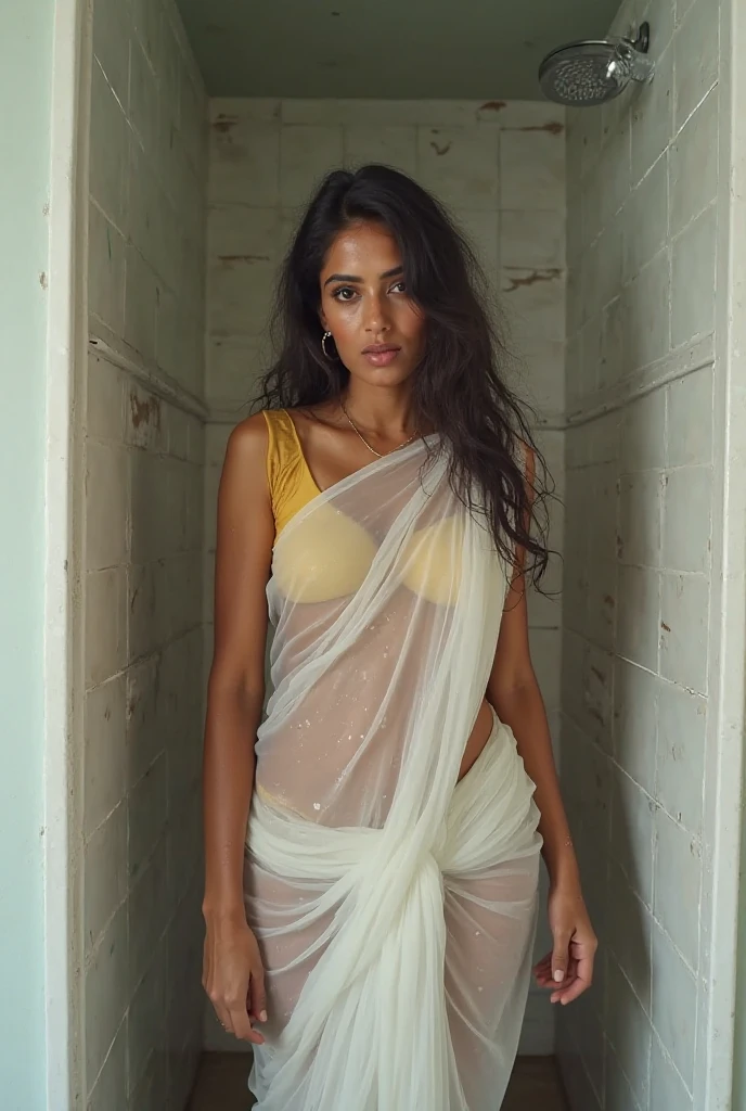 Full body picture of a seductive 22-year-old Indian woman. 50 persent look like Ana de armas She is beautiful and sexy, with long wavy hair. She has an angelic face. Her personality is gentle and intellectual, and she is seductive, she is wearing a wet saree , clevage and navel, soft and sincere expression that exudes seduction. Please generate a realistic image of her, capturing all these details and characteristics. Ensure that the image conveys her essence,