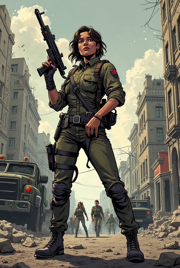 character woman, short hair, black, tactical clothing, comic style, detail-oriented, full body, running