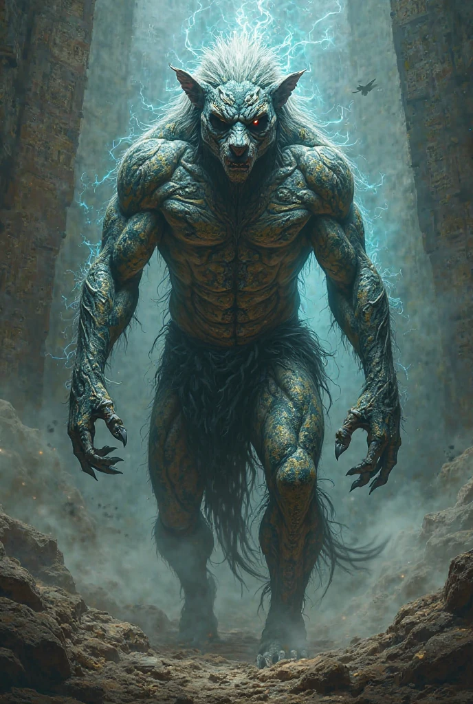 "Create an image of a powerful monster known as the Dreamhowler. This monster is a hybrid between a human and a wolf, standing about 2.5 meters tall. The head of the monster should resemble a fierce wolf, with glowing yellow eyes and sharp teeth. The body is muscular and covered with thick, dark fur, which may have intricate patterns, increasing the energy radiating from both the left and right sides of the back. The monster may have intricate magical symbols on its skin, such as intricate circles. The monster should emit an aura of fear and grandeur, reflecting the control of nightmares and dreams."