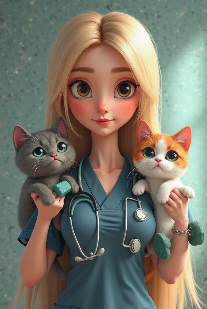 (best quality,realistic), blonde hair, short, white coat, veterinarian, doctor's office, big breast, surrounded by 4 cats, photo, vibrant colors, soft lighting