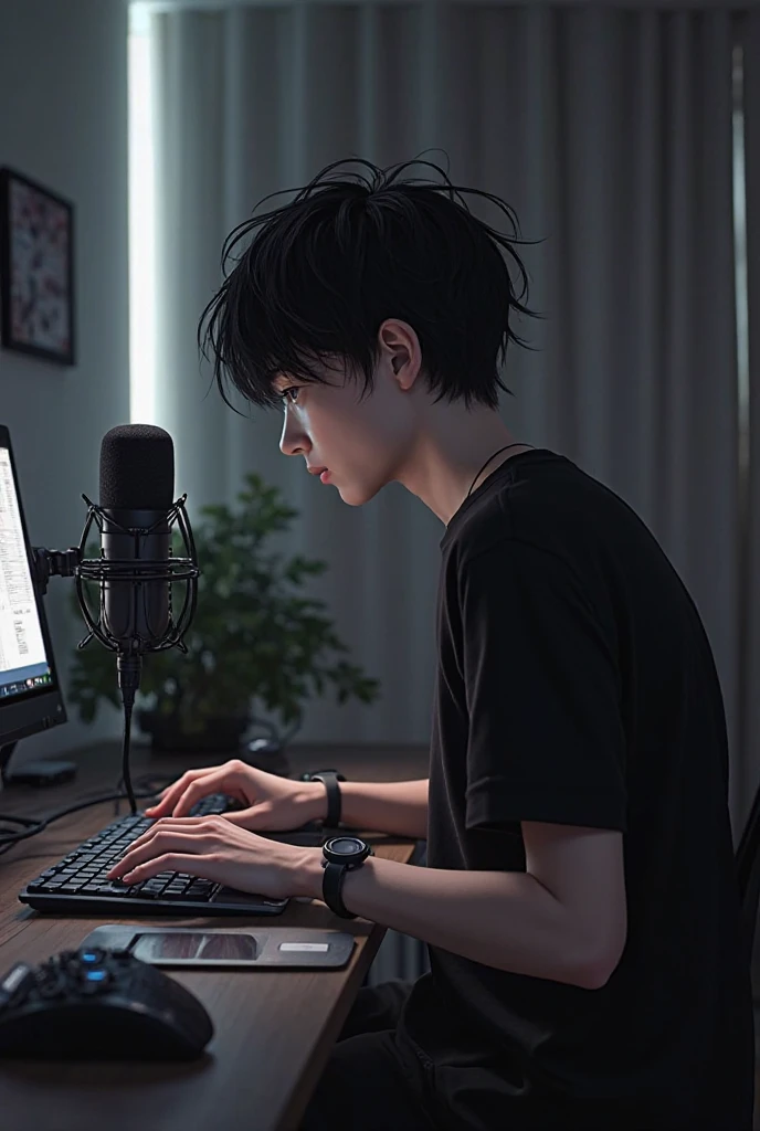 A boy in his twenties, playing computer games in the dormitory, wearing a green T-shirt and Bluetooth headset, his hair is black, and his side face is thinner --auto --s2