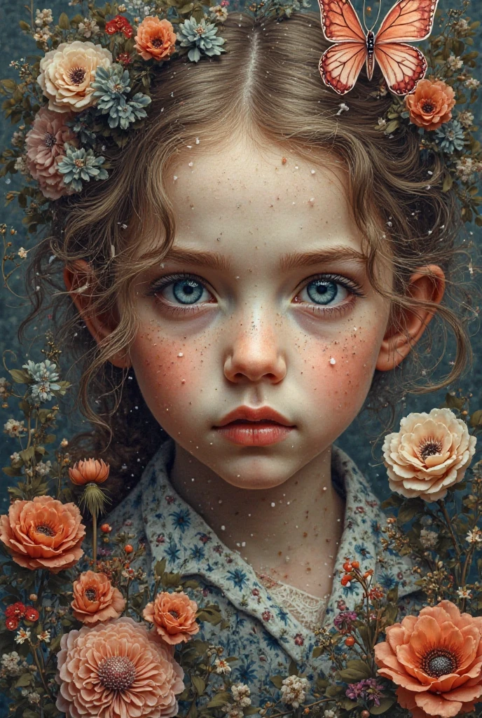 small painting of a girl. Depressing flowers in a vase are in front of the painting.