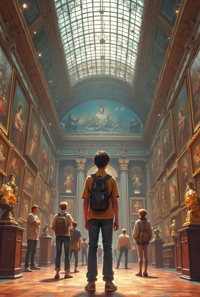 A boy who is in the museum with 7 young people