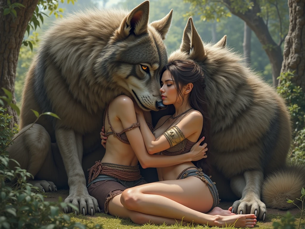 A dog licking a naked woman in a garden