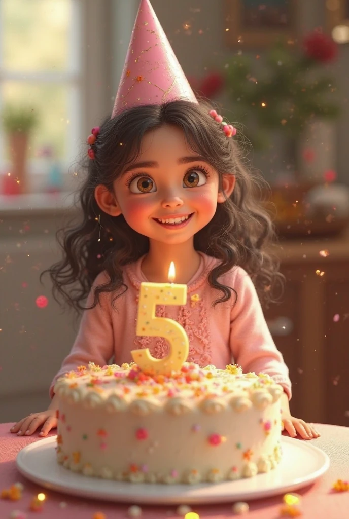 Create a 3d image in which a teenager girl cutting Cake wearing red color shirt with Name "Shristi" is written clearly on the Cake and 14 year candle burning on the Cake, image features with birthday decorated view, realistic image, background decorated with birthday items.