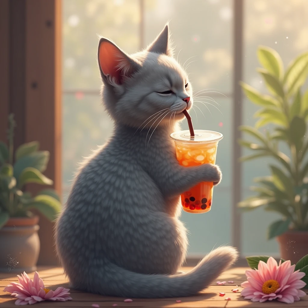 A cat drinking boba tea, in the style of artgerm, edogawa ranpo, studyblr, jerry pinkney, high resolution, dotted, loose and fluid,