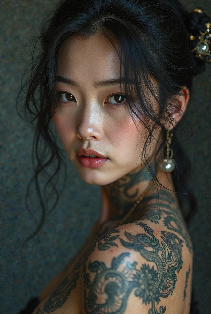 35mm vintage photo , A very cute and beautiful celebrity with tattoo , slim yakuza girl, samurai hair, Oriental tattoos, ninja hand sign, female samurai, Yakuza tattoo on the body, of a cute girl with traditional tattoos, Full body tattoos, Full body tattoos, behind her a decorated Korean pole weapon, Geisha tattoo ,bokeh, professional