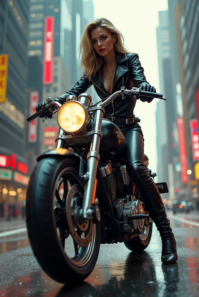 araffe woman in leather outfit sitting on a motorcycle on a city street, a picture inspired by Hedi Xandt, trending on cg society, photorealism, dressed in biker leather, motorcycle, cosplay on black harley queen, wearing a full leather outfit, motorbiker, sitting on a motorcycle, harley davidson, motorcycles, harley queen, leather, biker