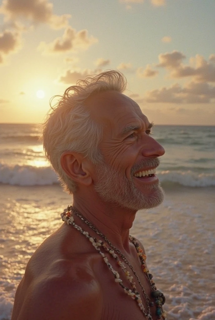 dad with a beard, wearing shorts, hypnotized, sleepwalking, lifeguard (dad), eyes open vacant, kneeling, ((legs raised)) extended, arms raised extended forward, ((feet up)), big smile, hairy chest