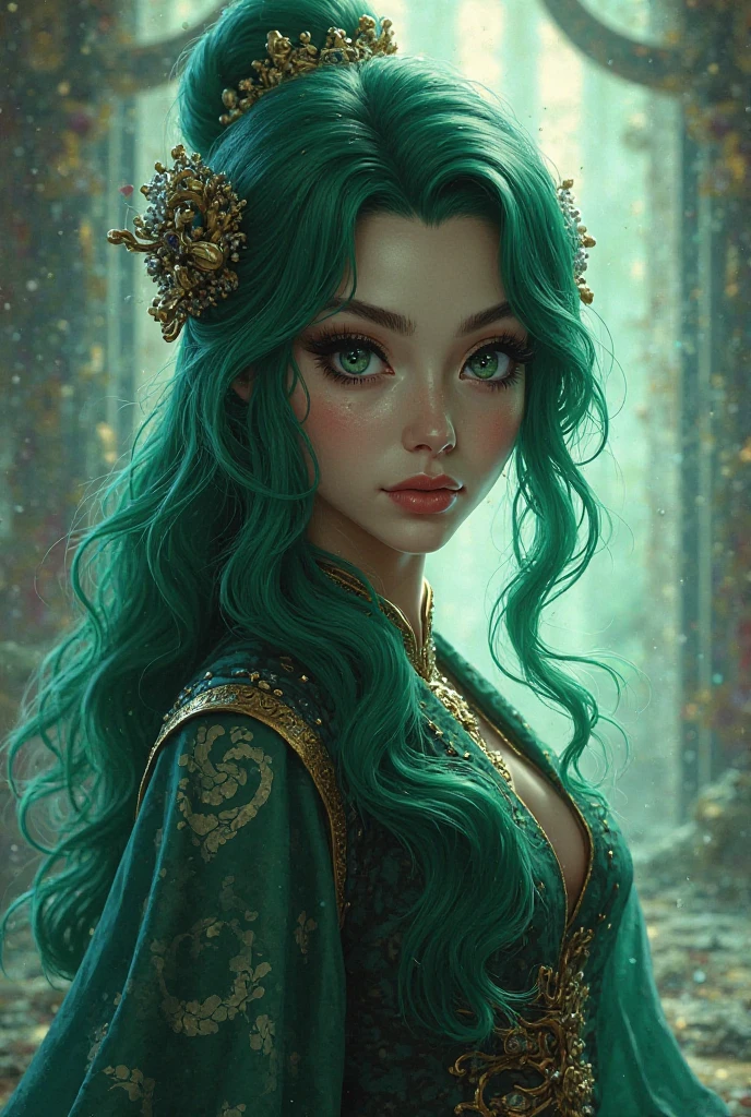 ((best qualityer)), ((work of art)), (detailded), close up, person wearing costume, (behance contest winner:1.2), palace queen, ruby crown, styled by Ross Tran, captivating lighting, 8K resolution, striking facial expression, (elaborate costume details:1.3), swirly vibrant colors, powerful presence, (ethereal glow:1.1) greeneyes, Brunetette, topless, warrioress, commoner, wet, raining, blowing a kiss to the spectator