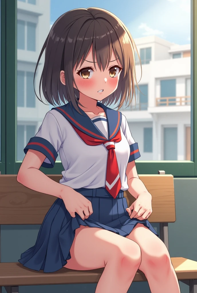 8K,top-quality,Authentic images,intricately details,超高分辨率,Depth field,Masseter muscle film,Natural soft light,profesional lighting,1 girl in,(Cute Baby Turtle:1.2),an extremely beautiful 17-year-old girl,詳細な目,((with brown eye)),(Brown hair),(short detailed hair),(By bangs),Flawless skin,Glossy glossy skin,White skin of the,Delicate skin,Full, large breasts,((perfect anatomia,nice hand,perfect hand,Five fingers connected to the palm of the hand,Hands are precise and uncoordinated)),perfect original legs,delicate legs,proporções perfeitas,an sexy,chest visible,((Japanese schoolgirl uniform)),((School uniform miniskirt)),(tiese),Black socks,Chano leather shoes,Squatting deep in the city,crotch visible,show me your panties around town,Both legs are bent,Spread your legs into an M shape,,i can see panties,Slender thighs visible from the front