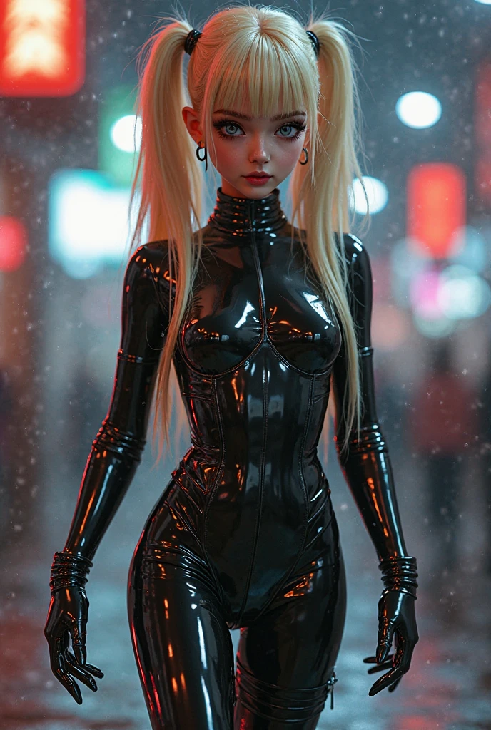 maryms,Best Quality,(beauty),masterpiece, 1girl,phisically-based render ,ultra highres,narrow waist, skinny,big eyes,long legs,(small breasts),puffy eyes, night,(rainy city), shiny skin, facing viewer, fighting stance, (make a fist),firm expression,