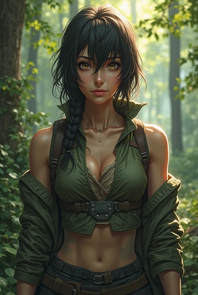 16K, HDR, UHD, best quality, masterpiece, anime style, beautiful young woman near an ancient pyramid in side a forest, hyper detailed background, mysterious, ethereal, atmospheric, fantasy, raining, wet, hyper detailed rain droplets, (cowboy shot), wearing a long khaki jacket, bra and long pants, ultra beautiful detailed eyes, hyper detailed face, smug smile, ripped body, perfect anatomy, complex, photorealistic, DSLR, perfect, super model, textured, chiaroscuro, professional make-up, realistic, figure in frame, by WLOP, cinematic lighting, award winning, RTX, ray tracing, hyper realistic, ethereal, post-apocalyptic
