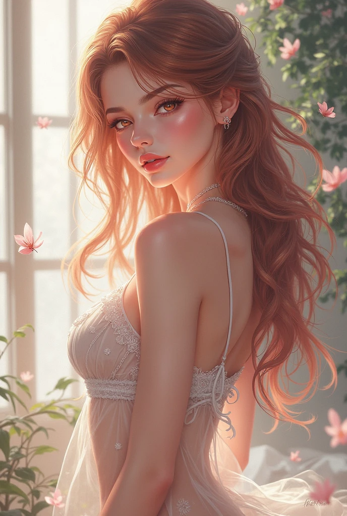 best qualityer, work of art, (realisitic: 1.2), 1 girl, slender girl, ginger hair, eyes browns, 3/4 view, face detailed, gorgeous eyes, eyes gray, eyes large, breasts small, choker, see through gown