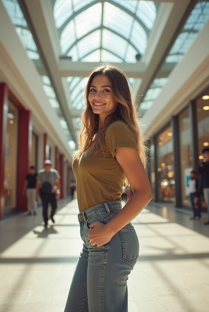 giant melody, Guardians, GTS, has grown taller than buildings, standing next to a shopping promenade smiling face Full HD face