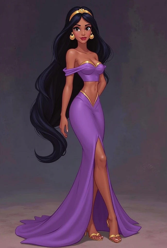 Stunning Princess Jasmine, in a sexy purple dress, surrounded by flowers