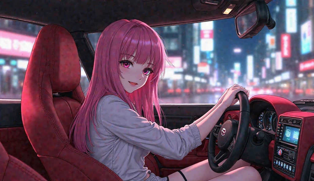 Masterpiece, best quality, super detailed, illustration, beautiful detailed eyes, close up, with a boy and a girl. It is pink hair, white pleated shirt, cracked clothing buttons, leaking cleavage, breast art, skirt. The boy is black hair, black suit, black pants. Boys and girls kissing in car, heavy rain weather